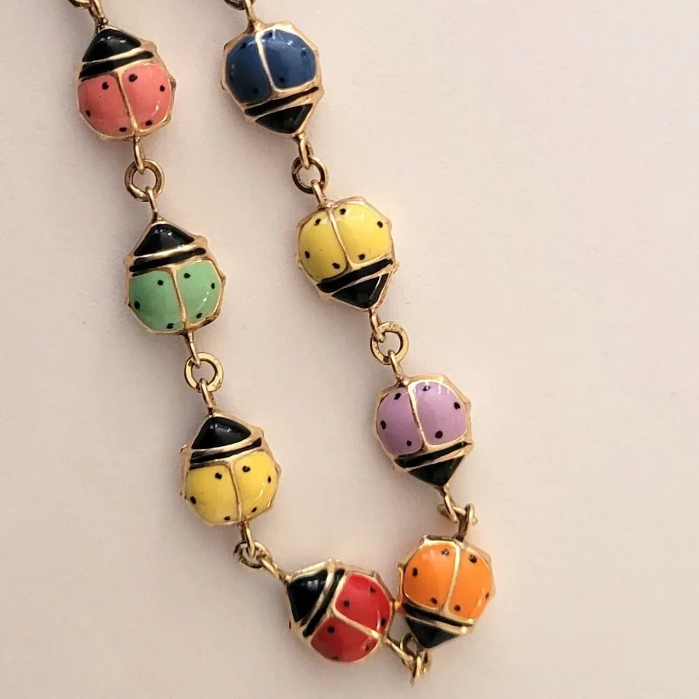 Lady Bug Multicolor Puffy Enamel Bracelet 10k Yellow Gold 3D - Picture 2 of 13